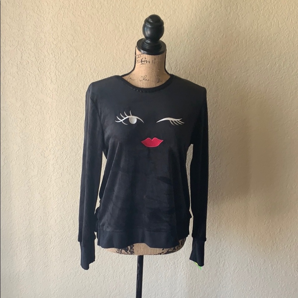 Kate Spade Black Winkie Face Velour Pajama Sweater